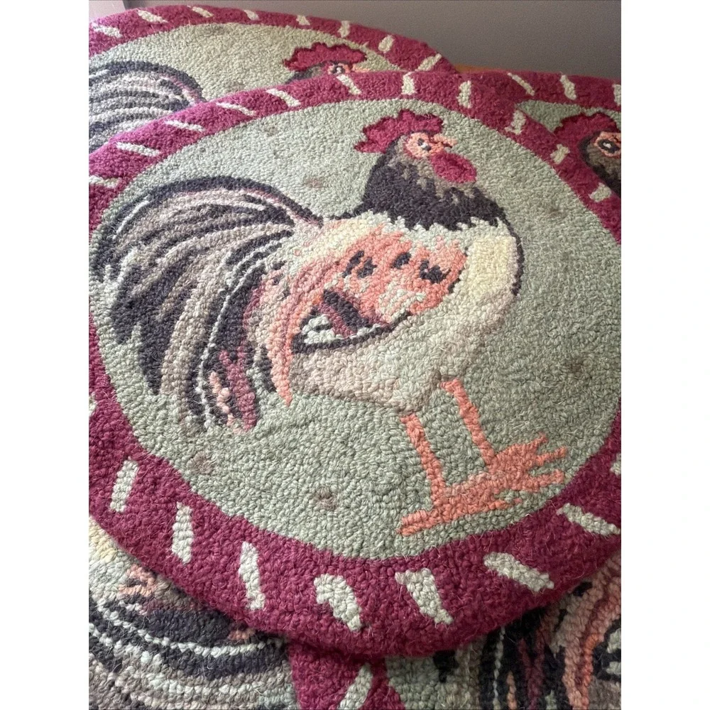 Set Of 5 Hooked Rug Rooster Chair Pads NWOT